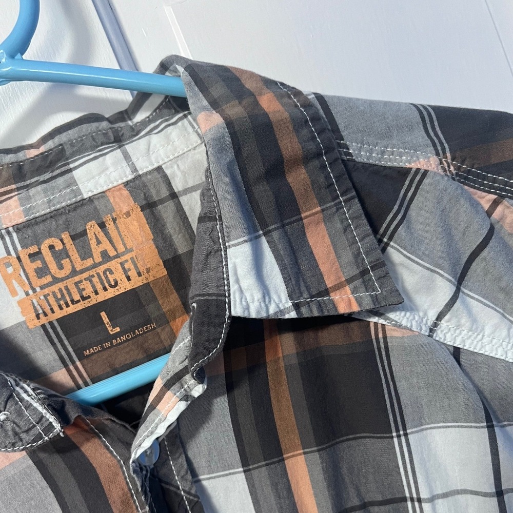 Reclaim Plaid Button Down Mens‎ L Grey Orange Athletic Fit